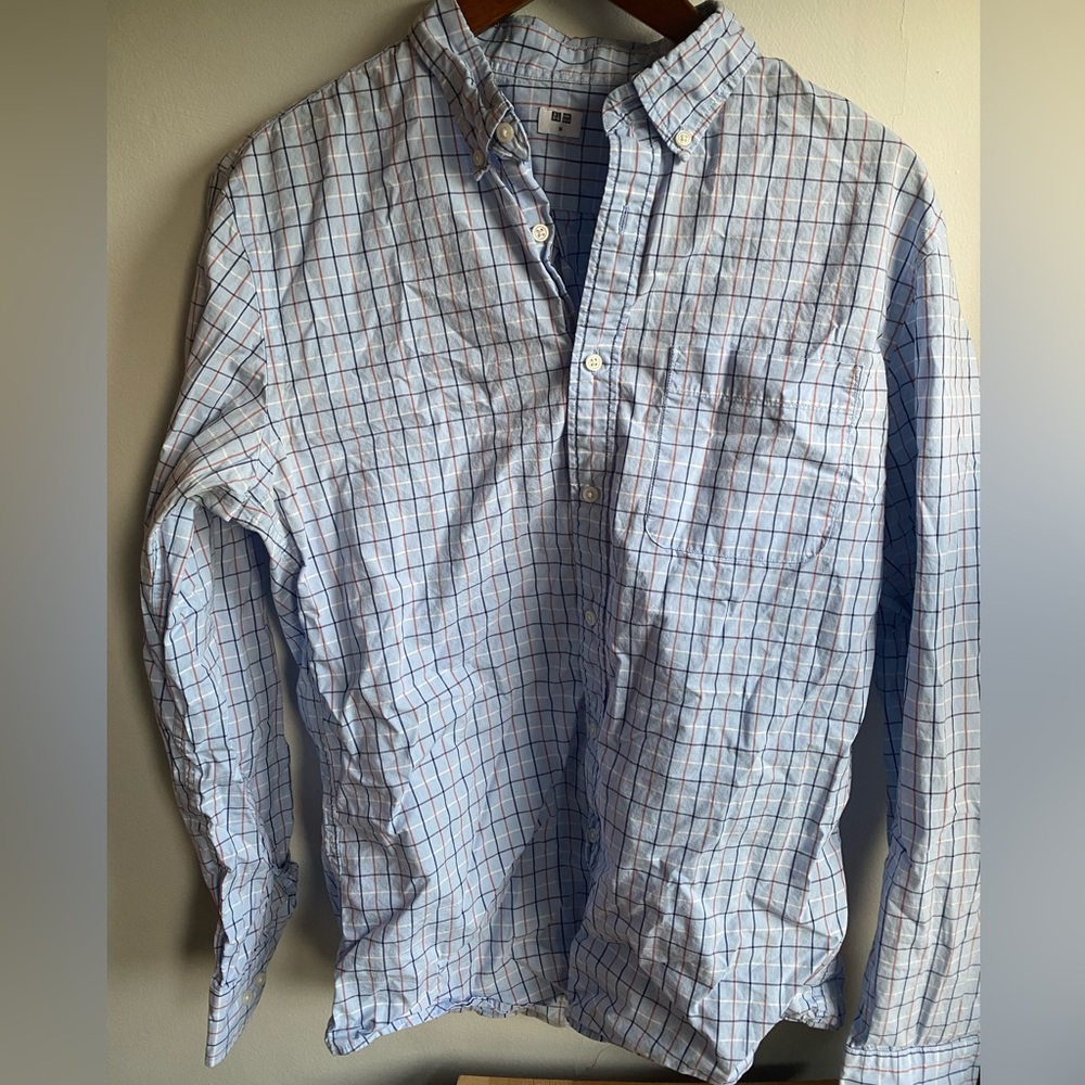Uniqlo Button Up Shirt Light Blue with Red, White, Blue Stripes